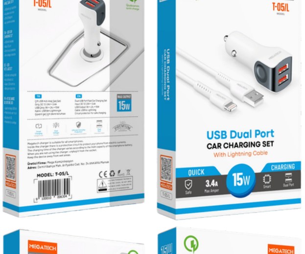 Megatech 15W Çift USB-A iPhone Araç Şarj Seti