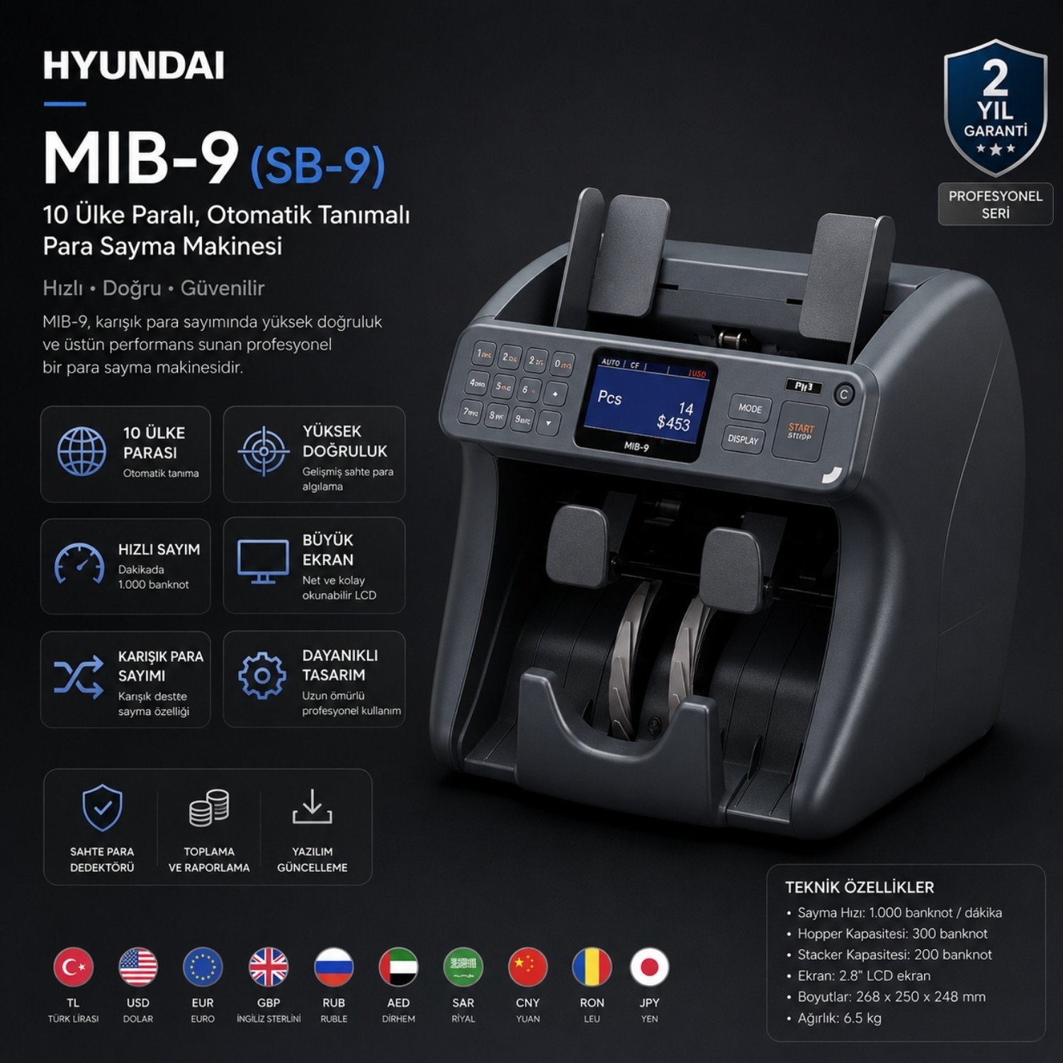 Hyundai MIB-9 (SB-9) 10 Ülke Paralı, Otomatik Tanımalı Para Sayma Makinesi - görsel 2