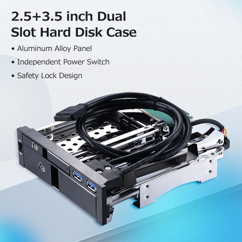 Oem 5,25" Dahili Çift Yuvalı Sabit Disk Kutusu 2,5+3,5 inç SATA HDD/SSD Muhafaza Aletsiz Tasarım