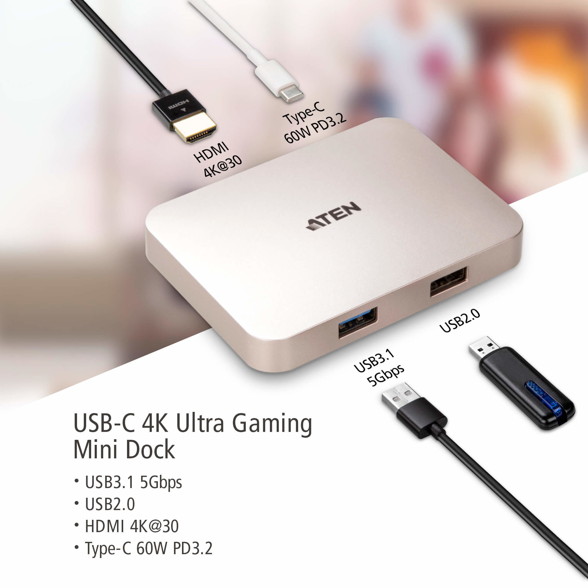 Aten UH3235 USB-C 4K Ultra Gaming Mini Dock with Power Pass-through - görsel 3