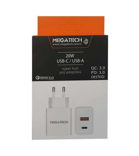 Megatech 20w Beyaz USB-C USB-A Şarj Kafa QC:3.0-PD:3.0
