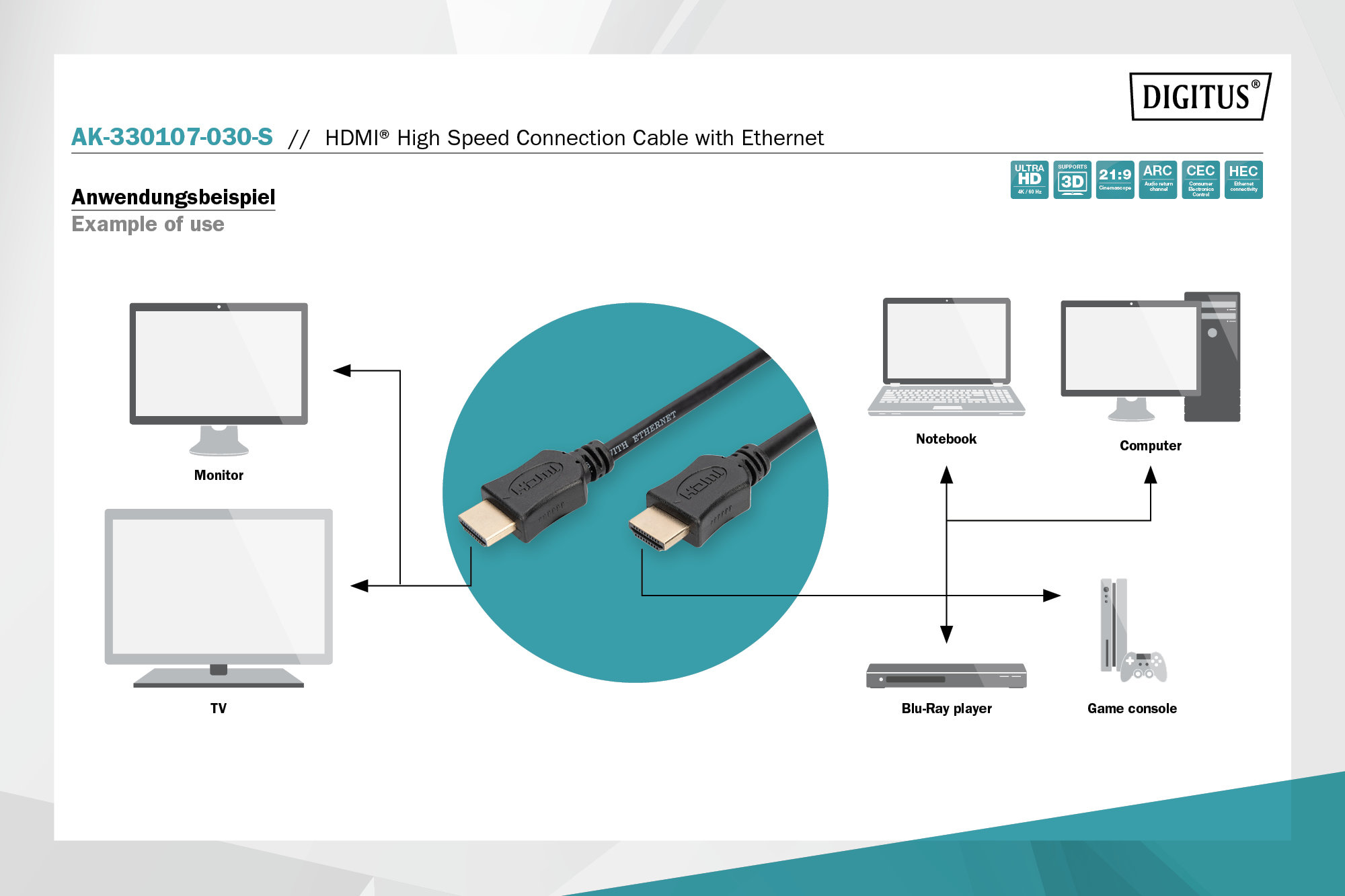 Digitus AK-330107-030-S HDMI High Speed with Ethernet Bağlantı Kablosu - görsel 5