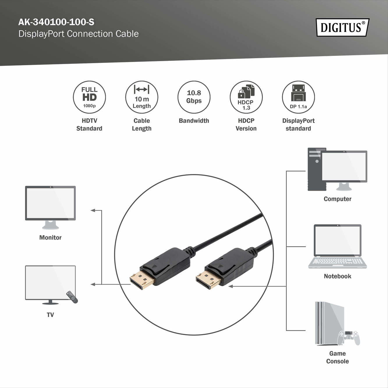 Digitus AK-340100-100-S DisplayPort Bağlantı Kablosu