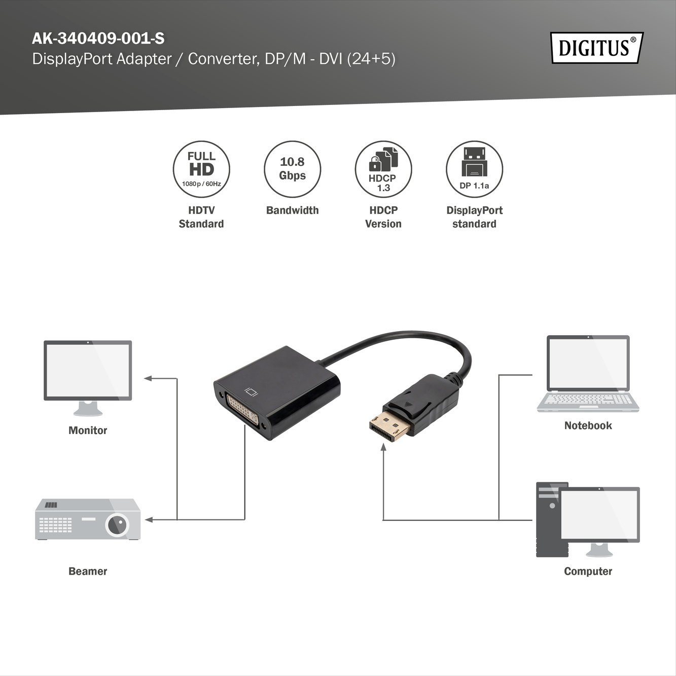 Digitus AK-340409-001-S DisplayPort Adaptör Kablosu - görsel 3