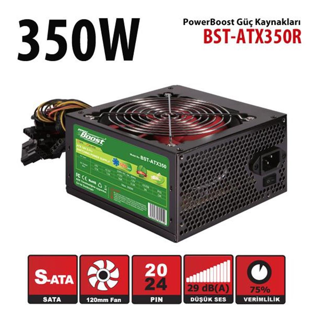 PowerBoost BST-ATX350R 350w, PPFC 12cm Kırmızı Fanlı ATX PSU (Retail Box) - görsel 2