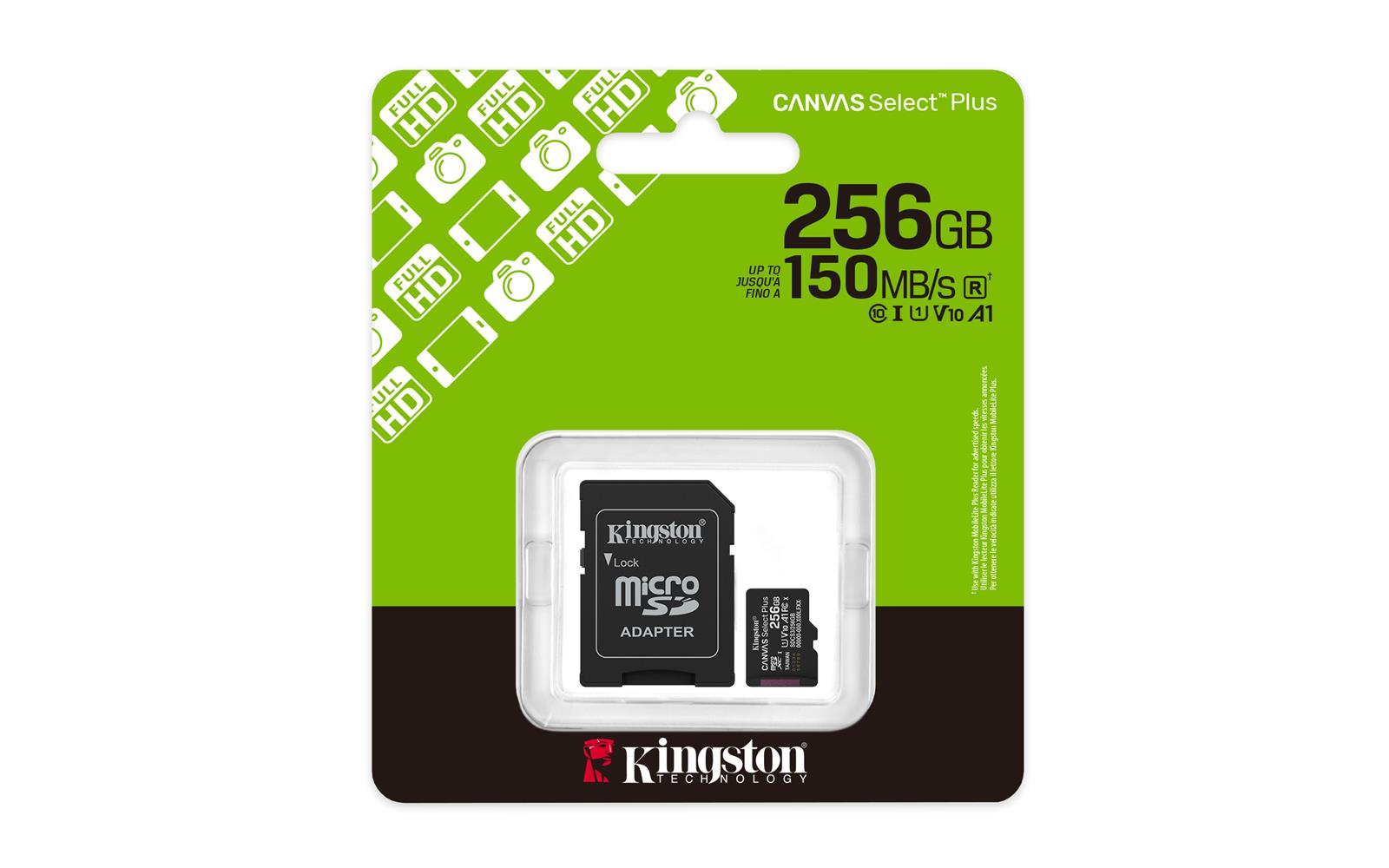 Kingston SDCS3/256GB 256GB microSDXC Canvas Select Plus Gen3 150MB/s A1 Card + Adapter Hafıza Kartı
