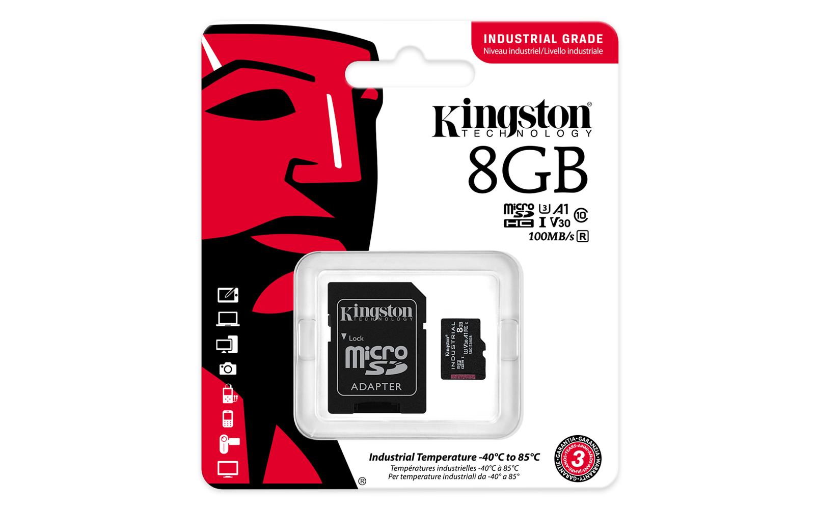 Kingston SDCIT2/8GB 8GB microSDHC Industrial C10 A1 pSLC Card + SD Adapter Hafıza Kartı