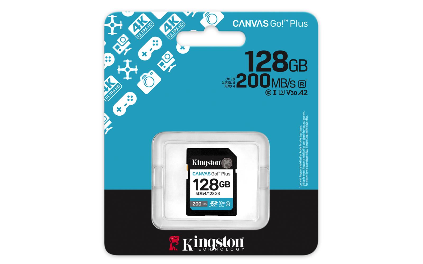 Kingston SDG4/128GB 128GB SDXC Canvas Go Plus Gen4 200MB/s C10 UHS-I U3 V30 Hafıza Kartı