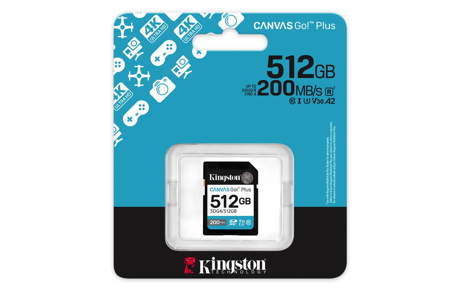 Kingston SDG4/512GB 512GB SDXC Canvas Go Plus Gen4 200MB/s C10 UHS-I U3 V30 Hafıza Kartı