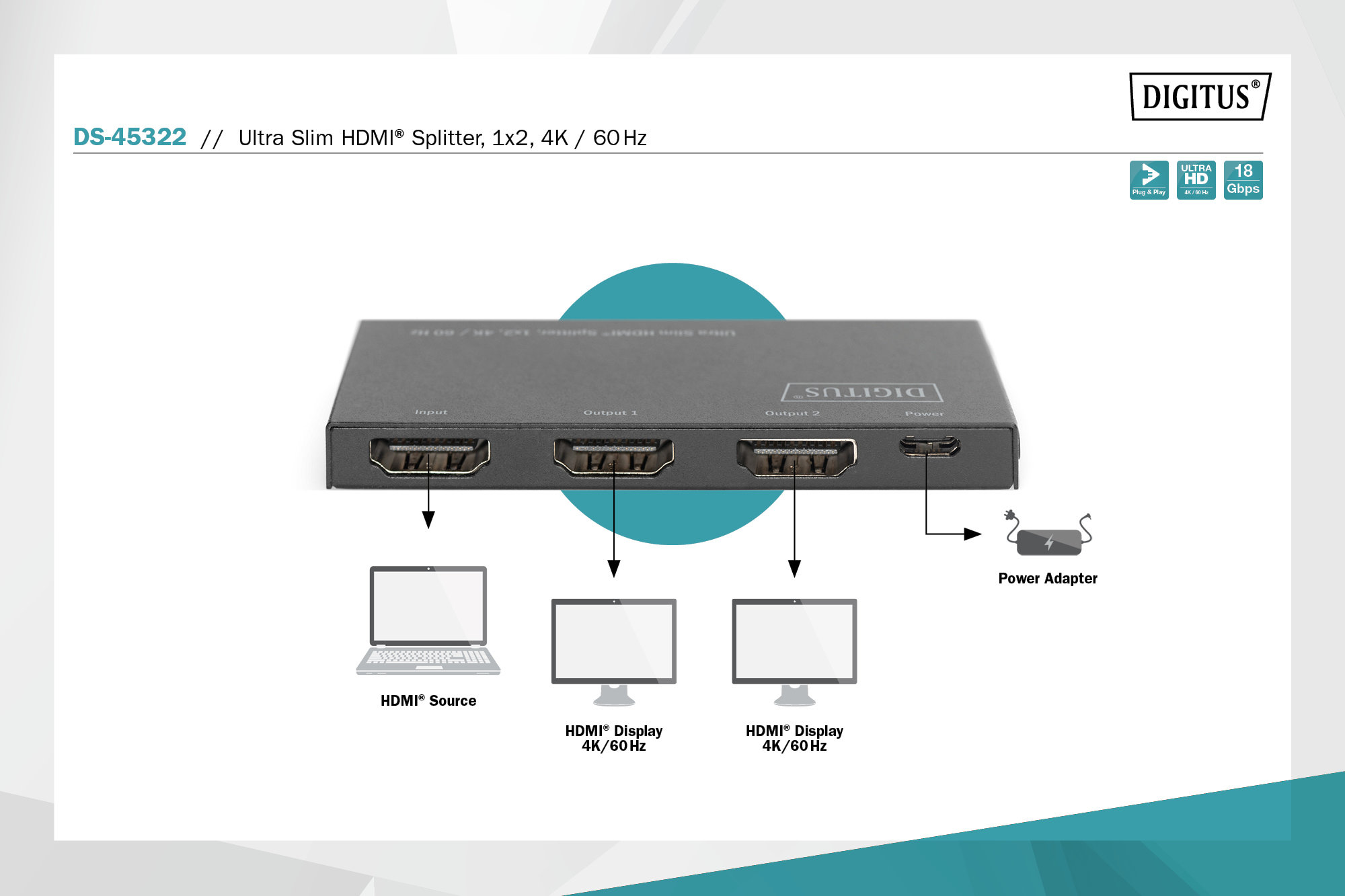 Digitus DS-45322 Ultra İnce 2 Port'lu HDMI Çoklayıcı