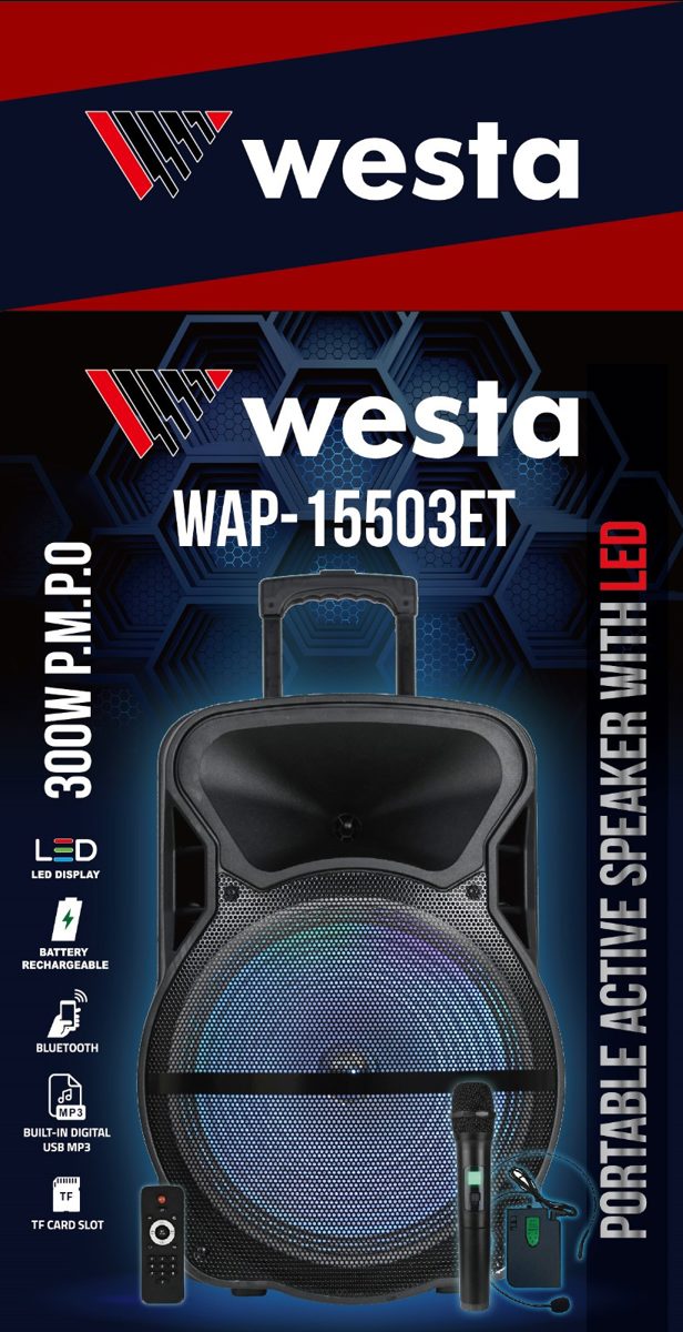 WESTA WAP-15503ET 15" 300W 2 Yollu Şarjlı Aktif Kabin Hoparlör 2 Mikrofonlu