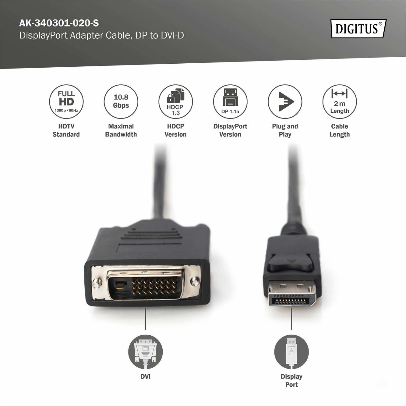 Digitus AK-340301-020-S DisplayPort DVI Kablosu - görsel 3
