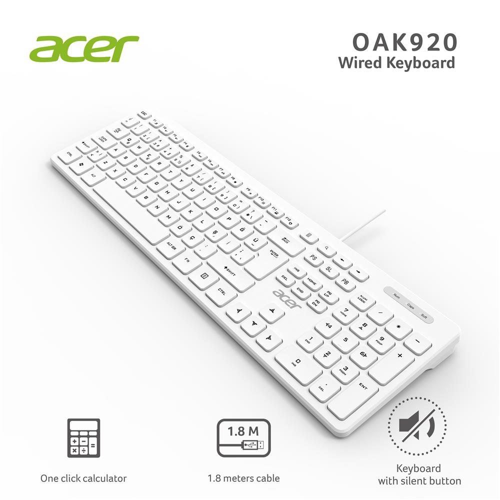 Acer OAK920 Q Usb Beyaz 1.8mt Kablolu Klavye/Tek Tuş Hesap Makinalı (Sessiz Tuş)