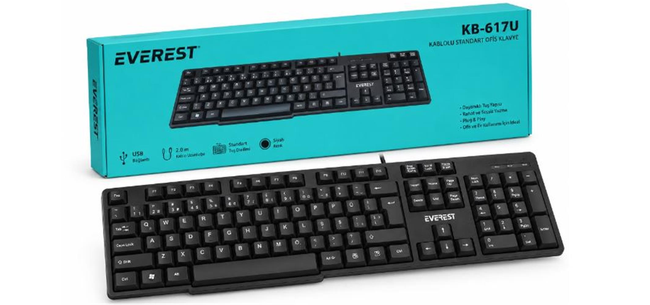 Everest KB-617U Siyah 2MT Bakır Kablolu USB F Standart Klavye