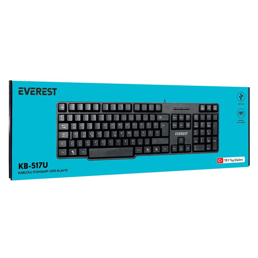 Everest KB-517UF Siyah USB F 2mt Kablo Uzunluğu Standart Klavye
