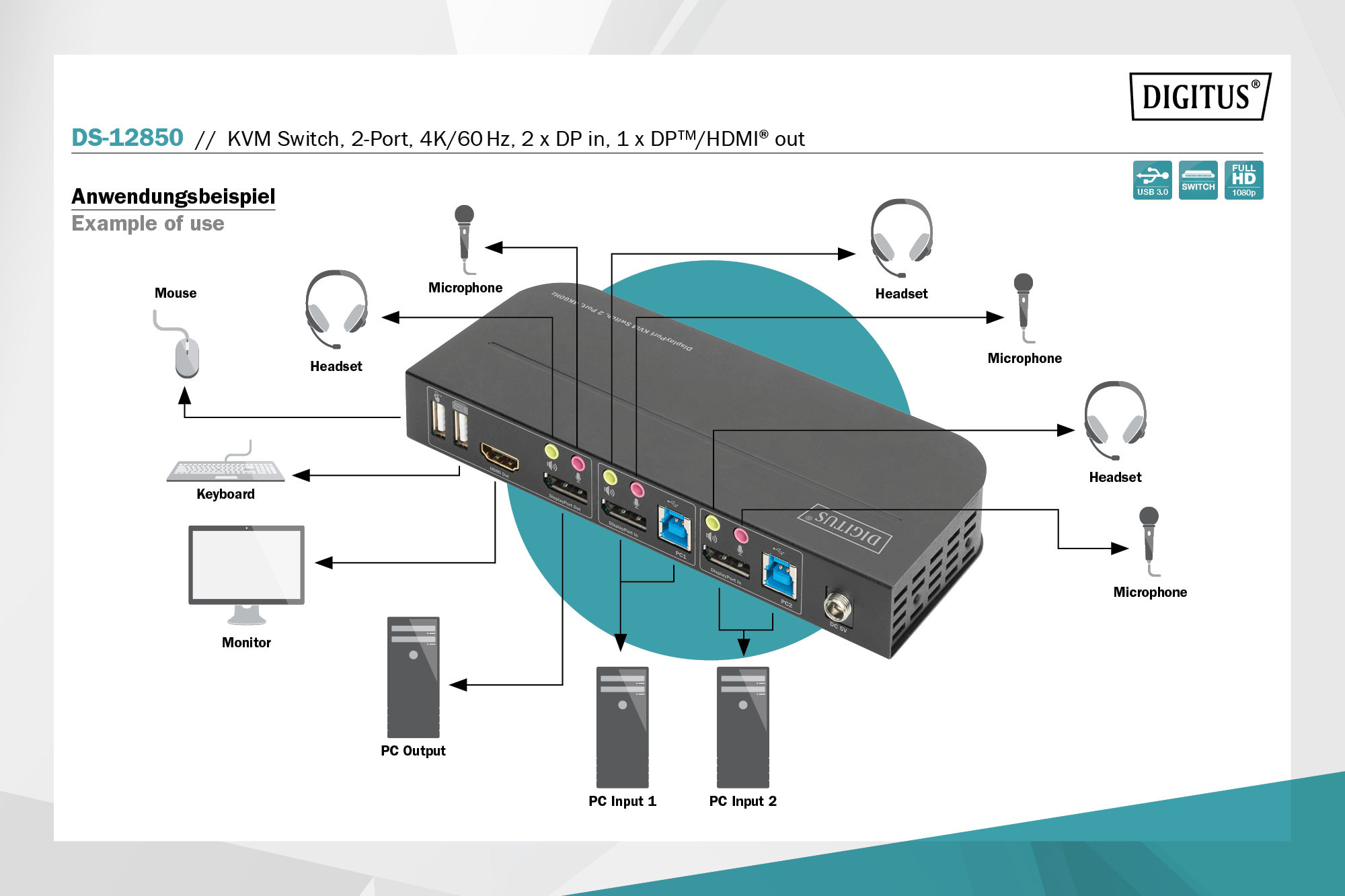 Digitus DS-12850 2 Port USB 3.0 DisplayPort KVM Switch - görsel 8