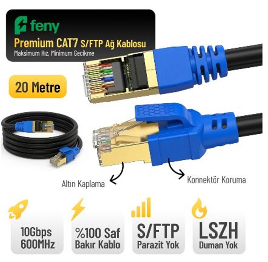 Feny FN-CAT7LS20 10GBPS İnternet 600MHZ 20 Metre CAT7 Gold Patch Kablo (Yanmaz-%100 Saf Bakır)