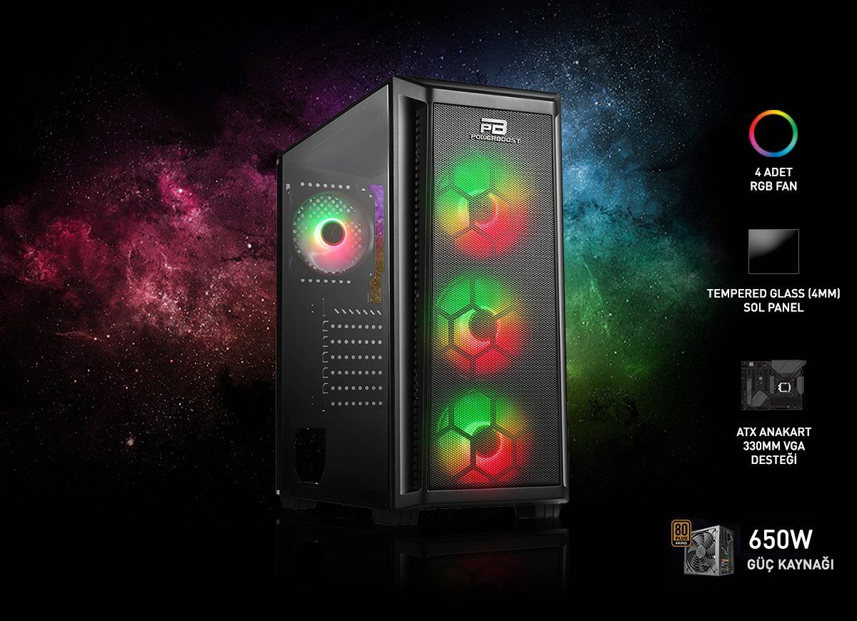 PowerBoost PB-T001BB 750w 80+ Bronze Full Siyah Mesh Panel RGB Fan Kasa