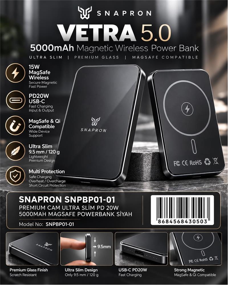 Snapron Snppb01-01 Siyah 5000 mah Pd 20W USB- C MAGSAFE Ultra Silim ( Magnetic Wireless) - görsel 2