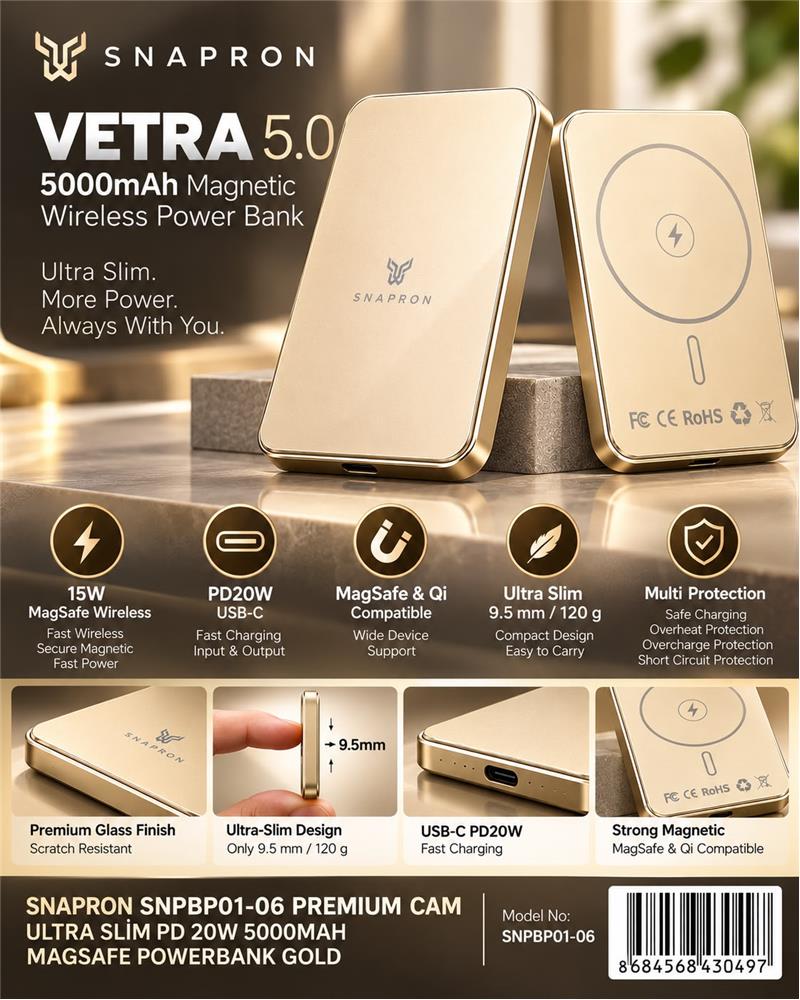 Snapron Snppb01-06 Gold 5000 mah Pd 20W USB- C MAGSAFE Ultra Silim ( Magnetic Wireless) - görsel 2