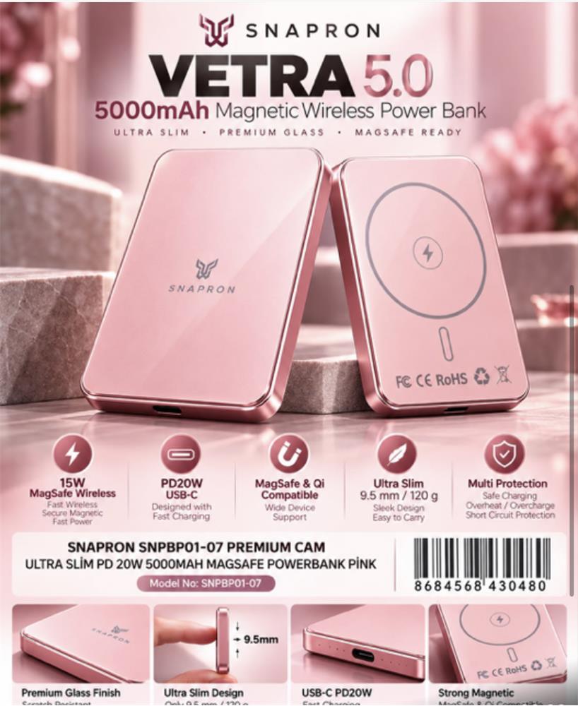 Snapron Snppb01-07 Pembe 5000 mah Pd 20W USB- C MAGSAFE Ultra Silim ( Magnetic Wireless) - görsel 2