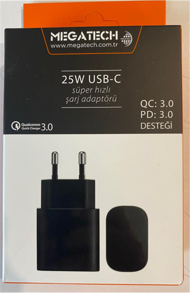 Megatech 25w Siyah USB-C Şarj Kafa QC:3.0/PD:3.0