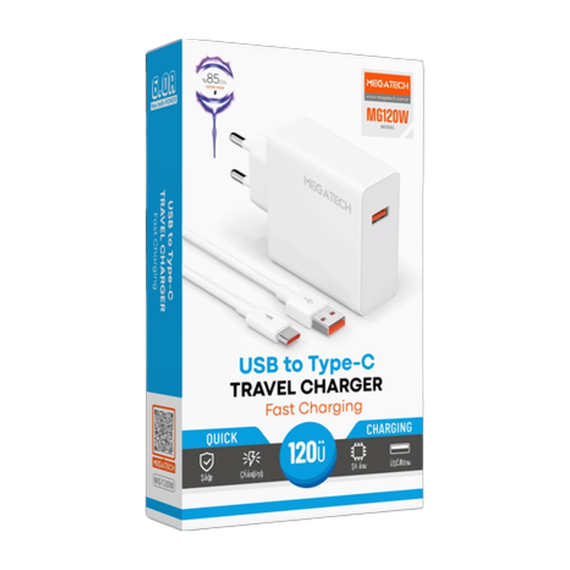 Megatech 120W MAX Hızlı Şarj Seti (USB-A to Type-C Kablolu)