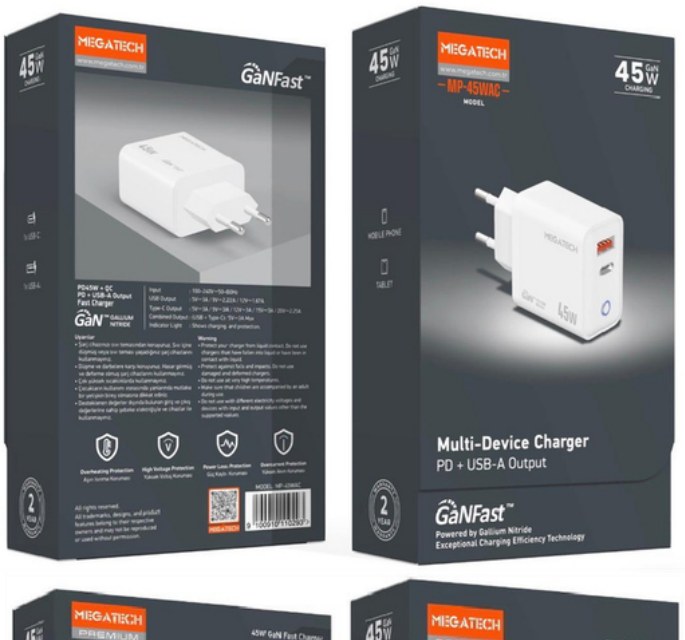 Megatech GaN 45W PD + USB-A Işıklı Şarj Başlığı Beyaz