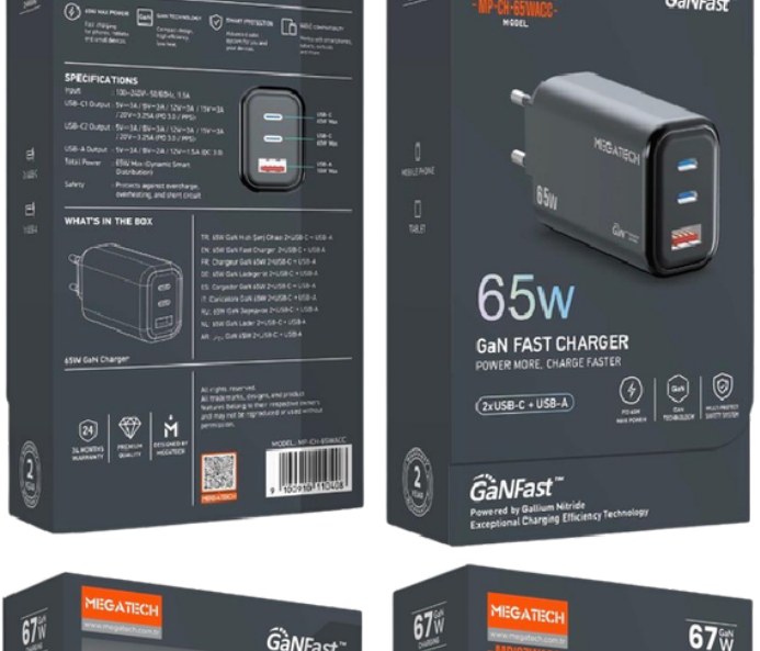 Megatech GaN 65W PD + PD + USB-A Şarj Başlığı Siyah