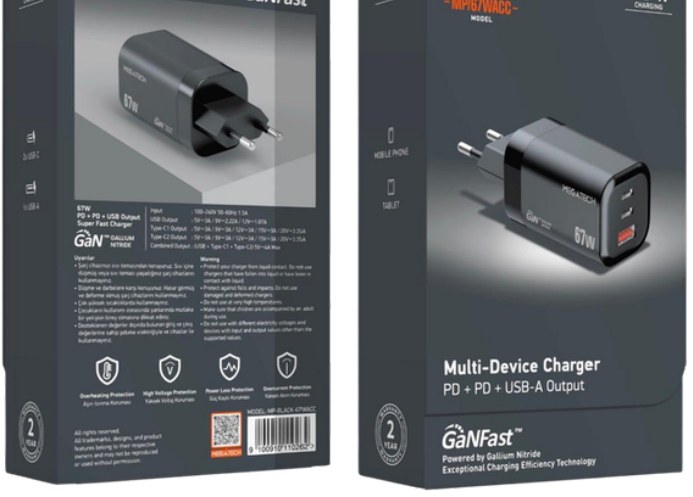 Megatech GaN 67W PD + PD + USB-A Şarj Başlığı Siyah
