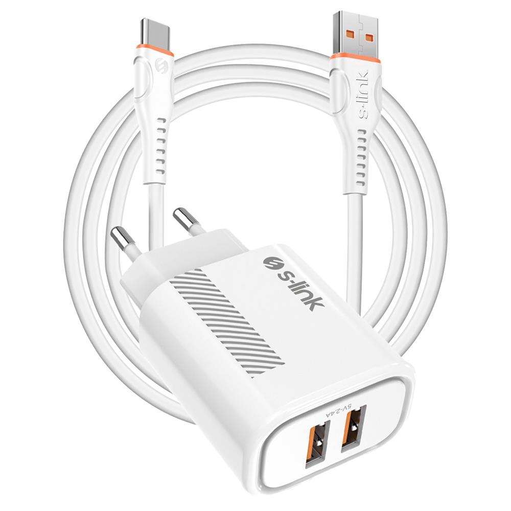 S-link SL-EC50 (SL-EC50T) 5V 2400MA Type-C Kablolu 2 USB Çıkışlı Beyaz Ev Şarj Adaptörü - görsel 2