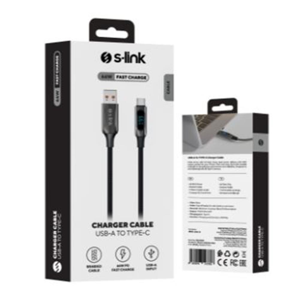 S-link Armor LED UC-066 66W 1m USB to Type-C PD Örgülü LED Başlıklı Siyah Hızlı Şarj Kablosu