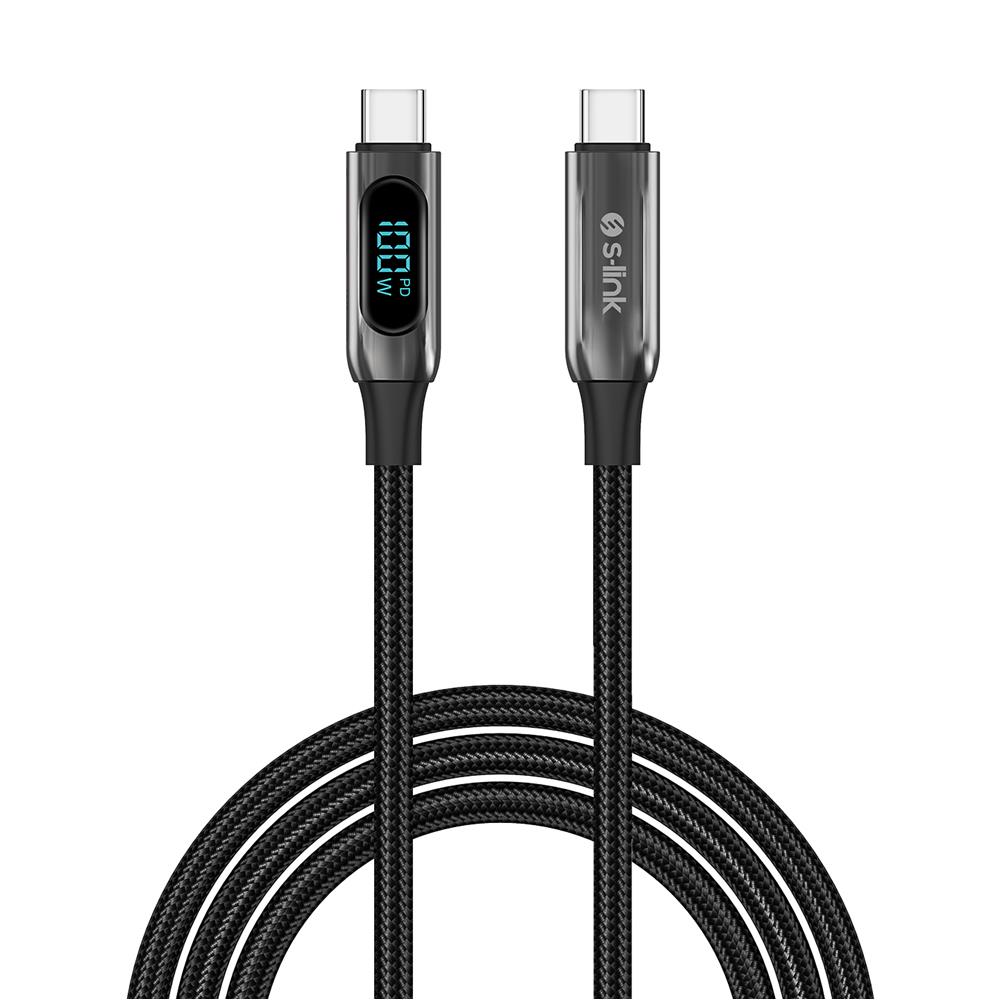 S-link Armor LED LCC-0100 100W 1m Type-C to Type-C PD Örgülü LED Başlıklı Siyah Hızlı Şarj Kablosu