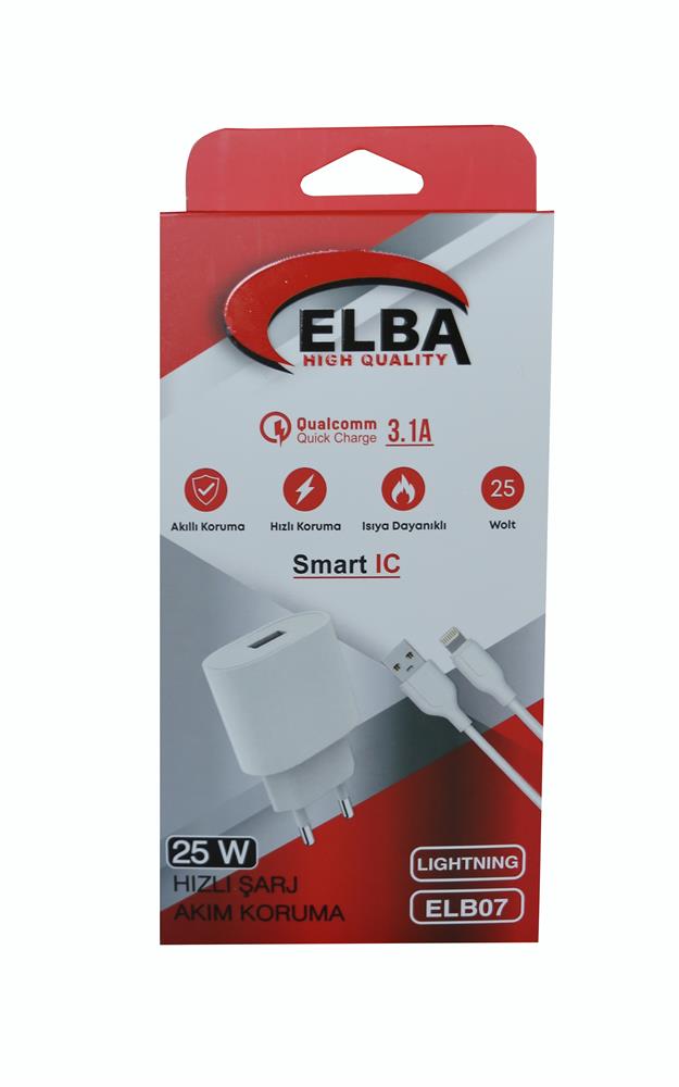 Elba ELB07-USB-25WIOS Beyaz 25W Usb Ev Şarj Kafa+ Usb 1mt Lightning Kablo QC4.0 Hızlı Şarj - görsel 2