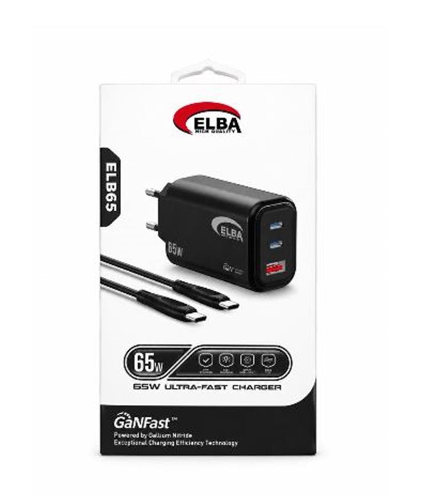 Elba ELB65 65W Siyah Ev Şarj Kafa + Type- C To Type-C Kablo ( GANFAST Teknoloji )Şarj Aleti