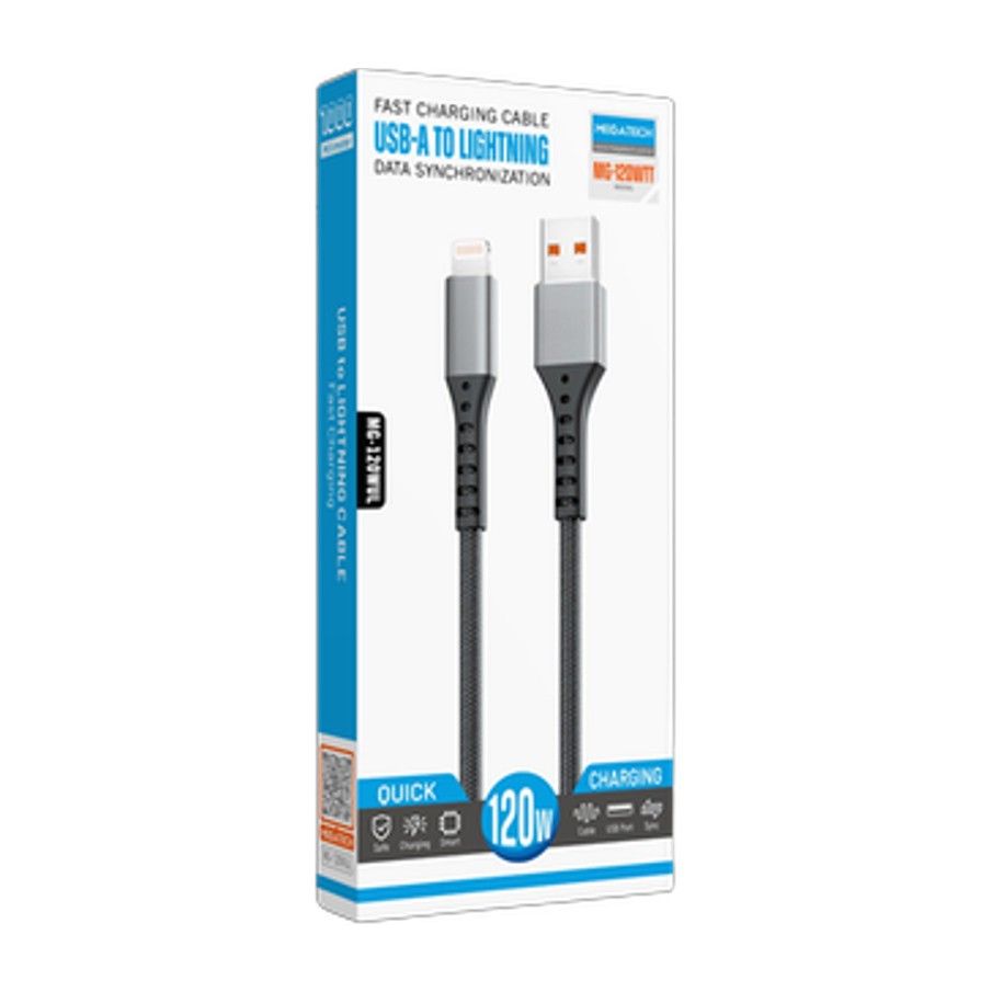 Megatech 120W Destekli USB-A to Lightning Hasır Örgülü Şarj Kablosu