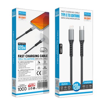 Megatech 120W Destekli Type-C to Lightning Hasır Örgülü Şarj Kablosu