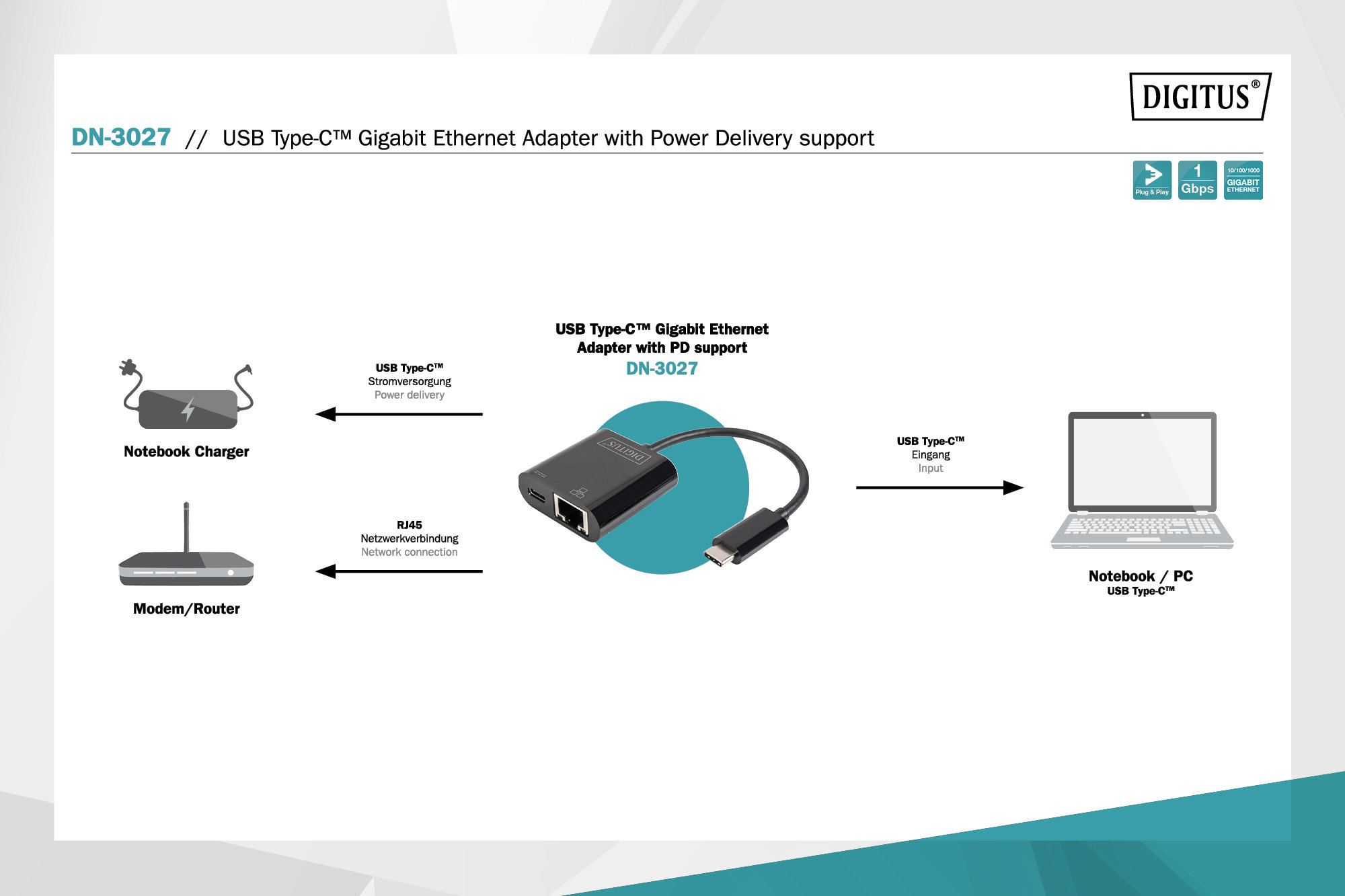 Digitus DN-3027 USB Tip C Gigabit Ethernet Adaptörü