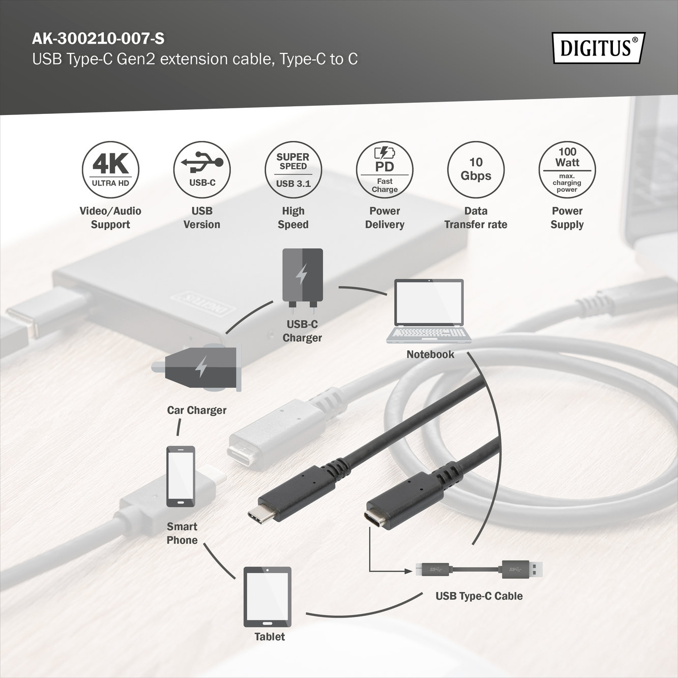 Digitus AK-300210-007-S USB Tip C Gen2 Uzatma Kablosu - görsel 10