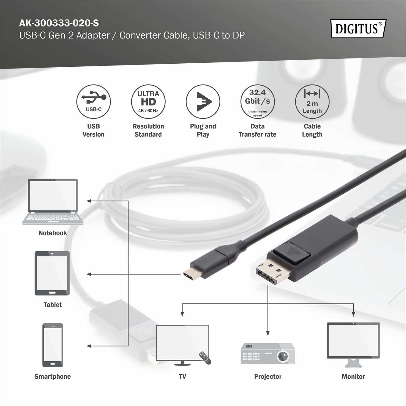 Digitus AK-300333-020-S DisplayPort Adaptör/Dönüştürücü Kablosu - görsel 6