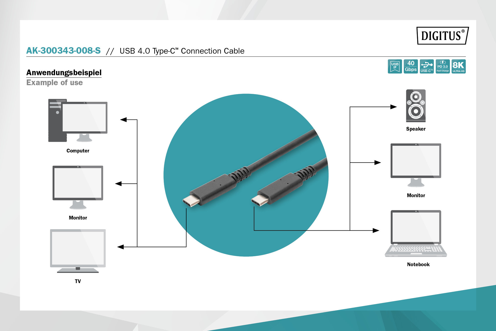 Digitus AK-300343-008-S USB 4.0 Bağlantı Kablosu
