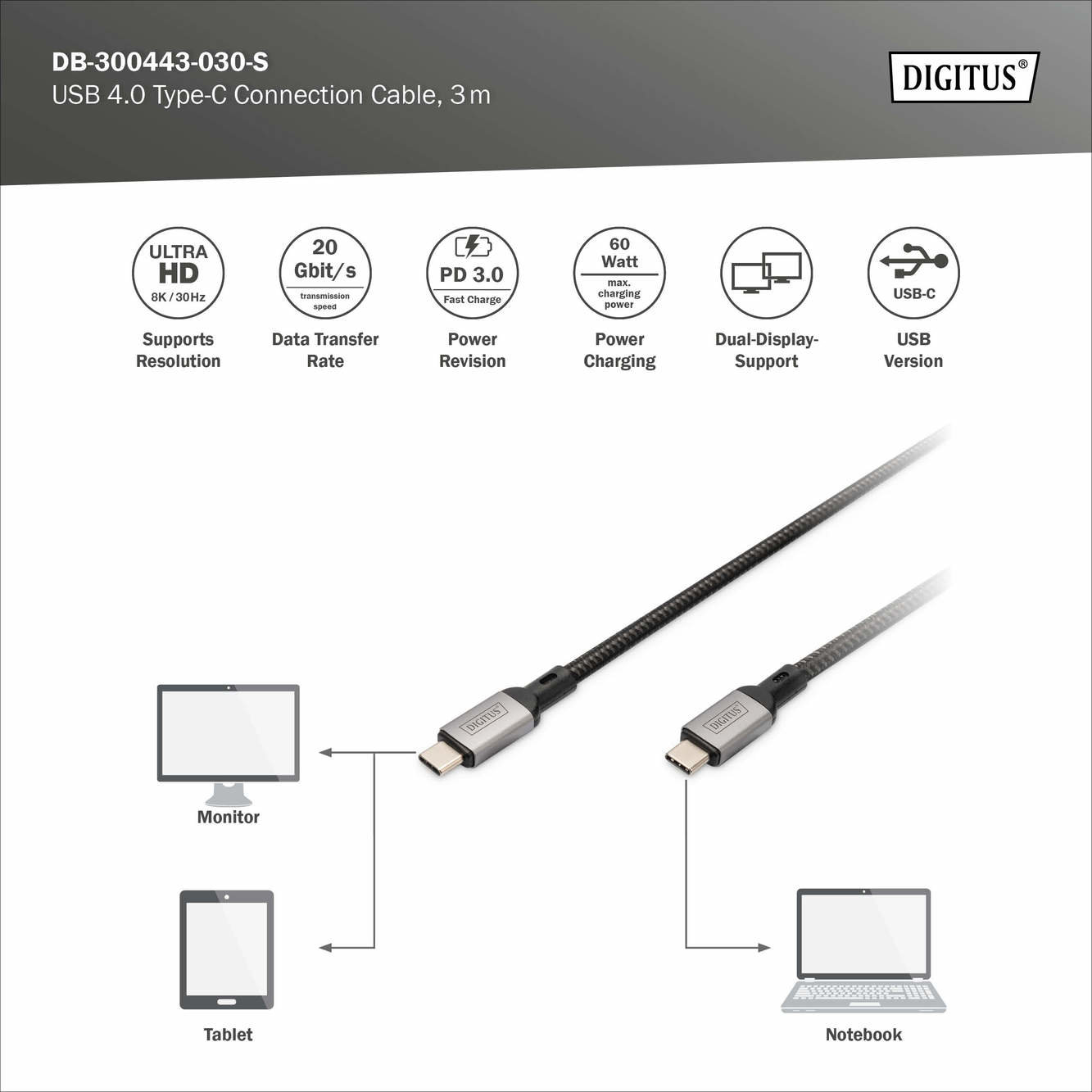 Digitus DB-300443-010-S USB 4.0 Tip C Bağlantı Kablosu (USB 4 Bağlantı Kablosu - görsel 6